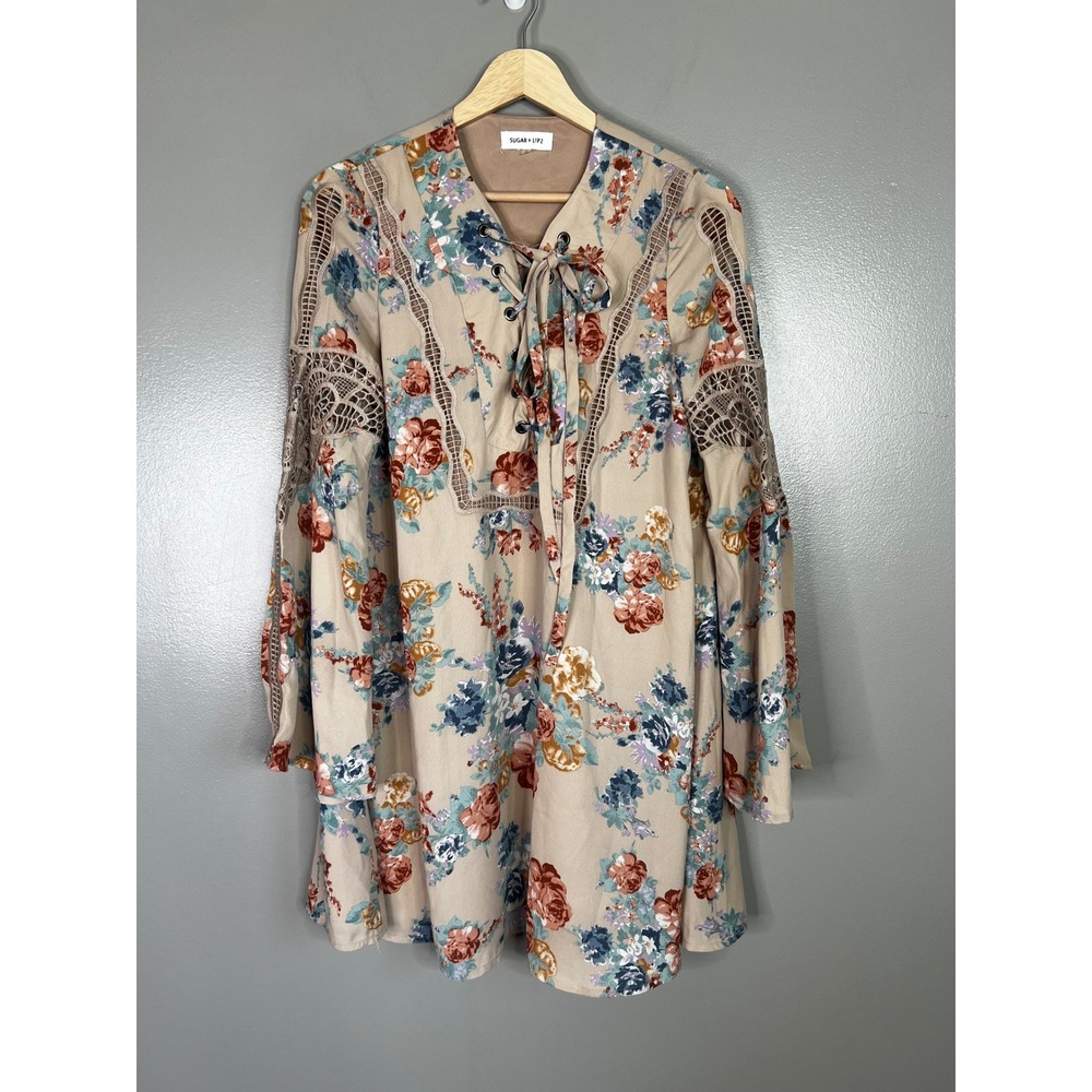 Sugar + Lips Floral Crochet Lace Bell Sleeve Mini Dress Tan Boho western